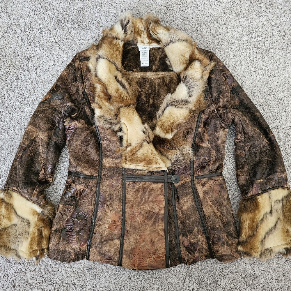 Cache Vintage 90's Brown Faux Leather Rose Embossed Print Faux Fur Trim Coat L